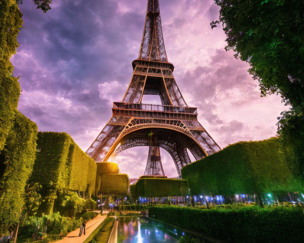 Iconic Eiffel Tower at dusk with trimmed hedges and reflecting pools