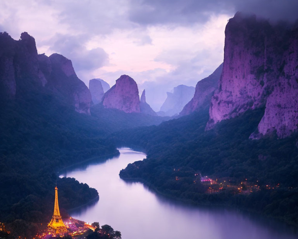 Golden pagoda on riverside at twilight with misty cliffs - serene ambiance