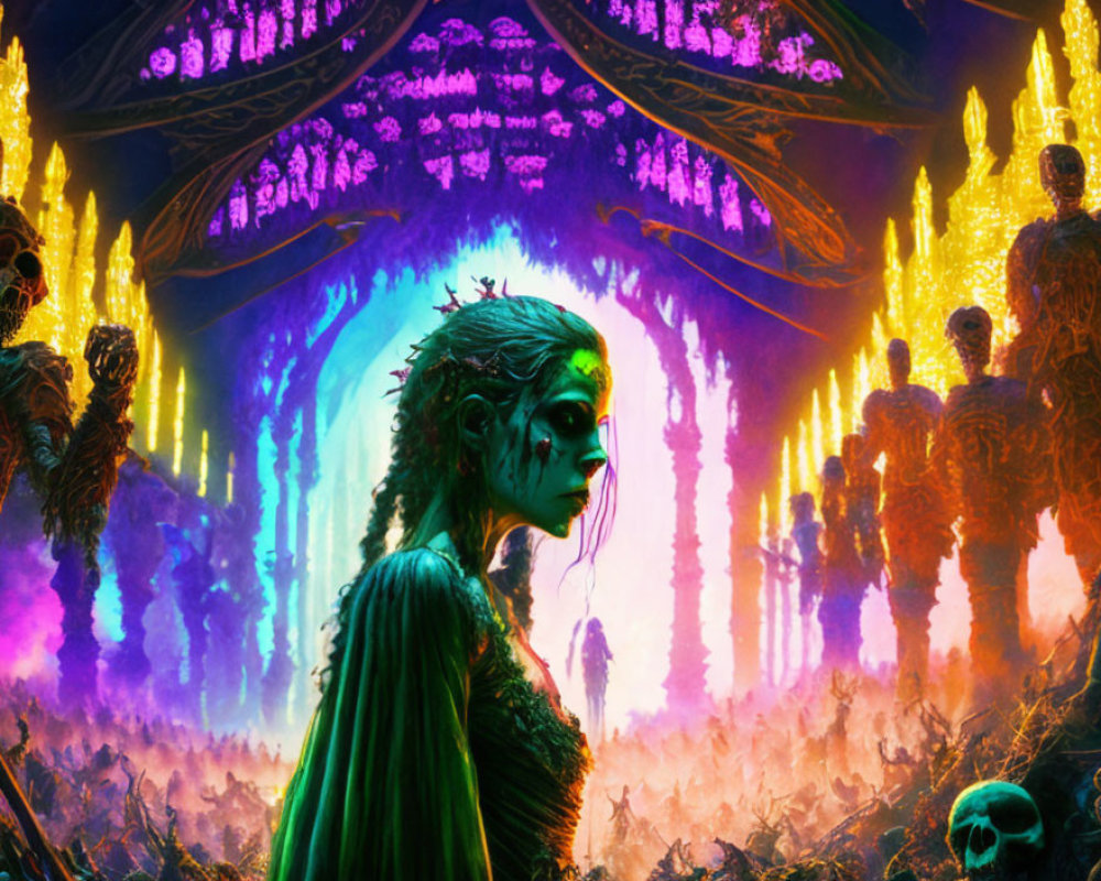 Green-skinned female figure in vibrant fantasy setting with glowing patterns.