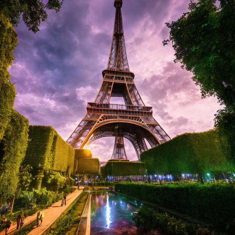 Iconic Eiffel Tower at dusk with trimmed hedges and reflecting pools