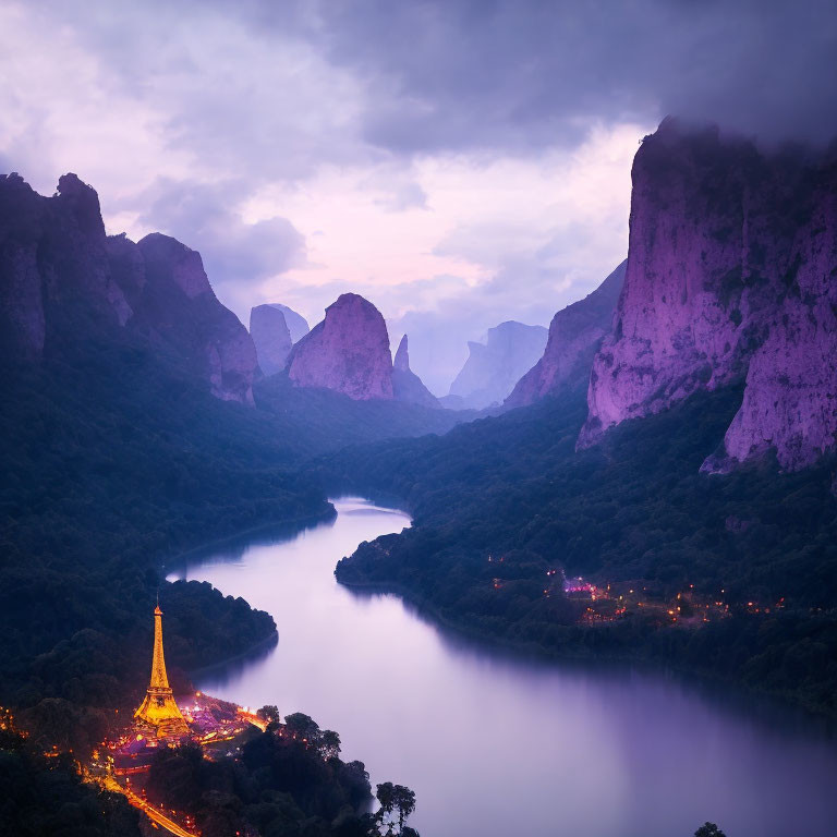 Golden pagoda on riverside at twilight with misty cliffs - serene ambiance