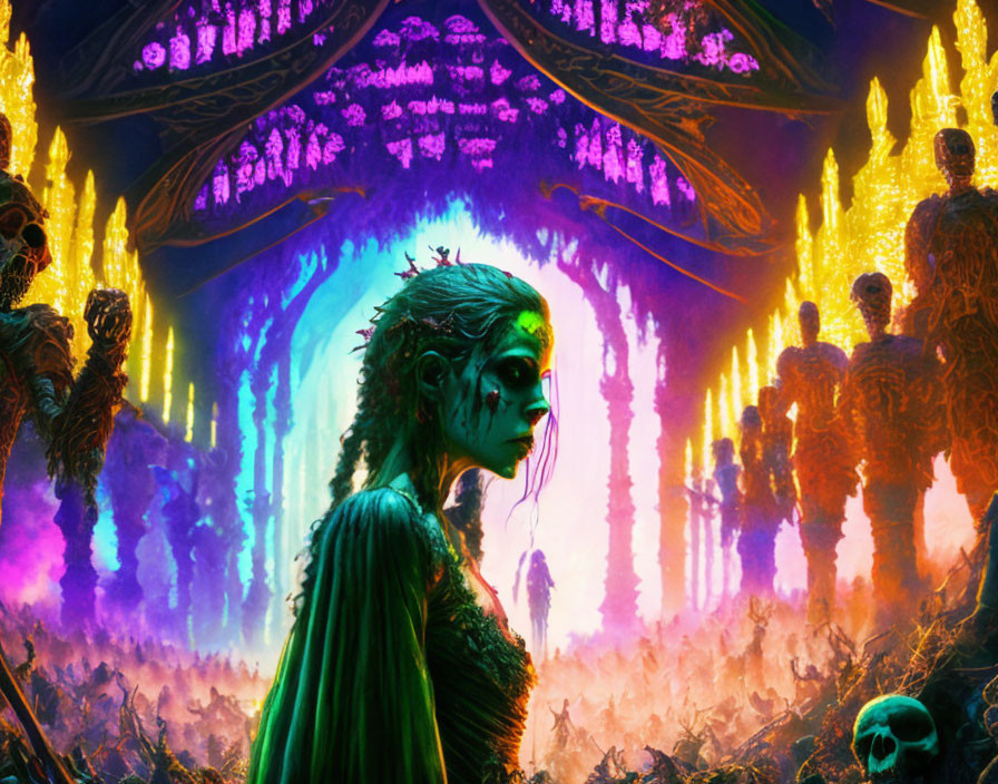 Green-skinned female figure in vibrant fantasy setting with glowing patterns.