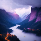 Golden pagoda on riverside at twilight with misty cliffs - serene ambiance