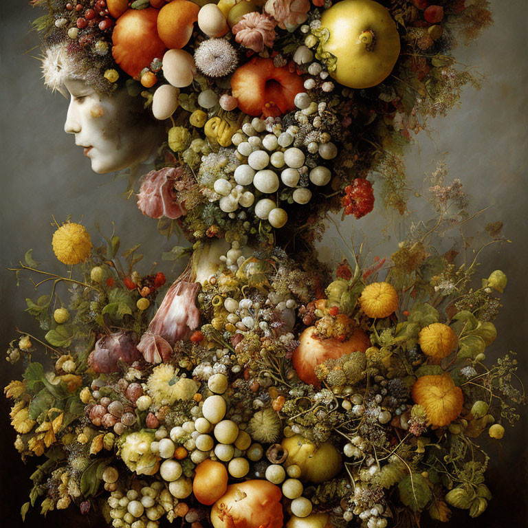 Colorful surreal portrait featuring fruits, flowers, and foliage