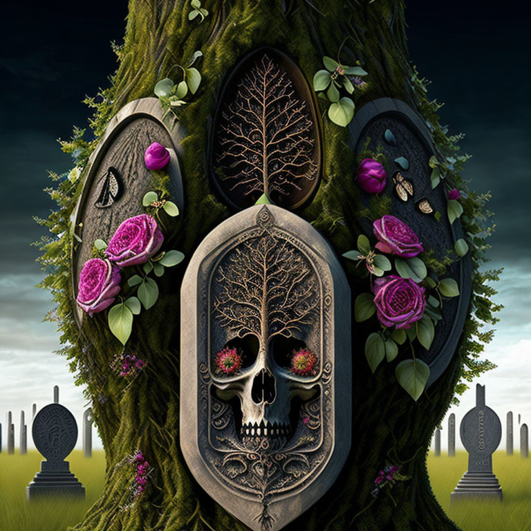 Stylized tree with skull, roses, and symbolic items on graveyard backdrop