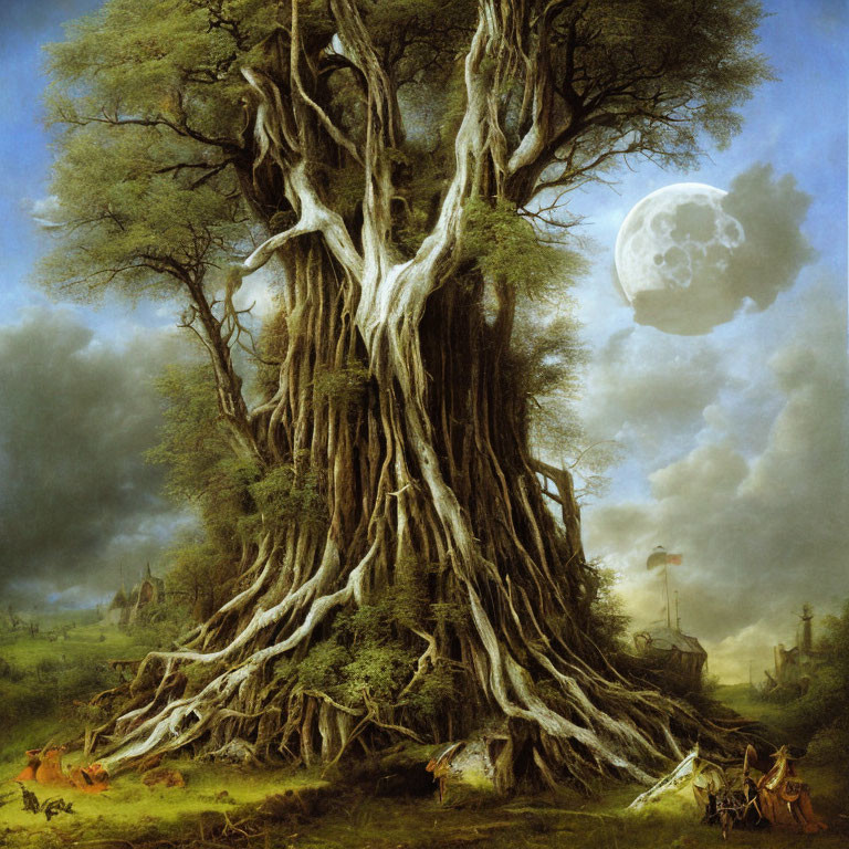 Majestic moonlit landscape with gnarled tree, figures, and animals