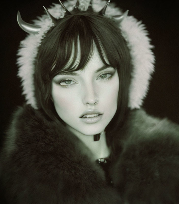 Mystical figure with green eyes in fur headdress and cloak