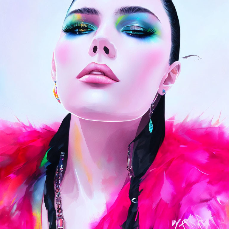 Colorful digital artwork featuring woman with vibrant makeup and hot pink feathered collar