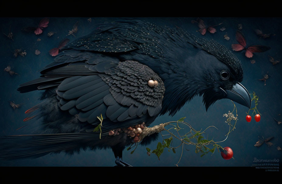 Detailed illustration: Black raven with textured feathers, holding branch with red berries, amidst autumn leaves.