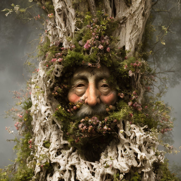 Intricate art: Wise, whimsical face in tree with eyes, nose, and lips.