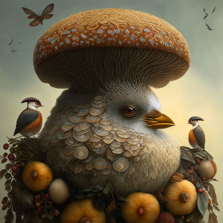 Bird with Mushroom Cap Head Surrounded by Fruit, Leaves, and Small Birds