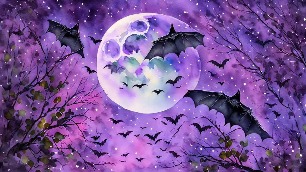 Full Moon Watercolor Illustration with Bat Silhouette and Night Sky