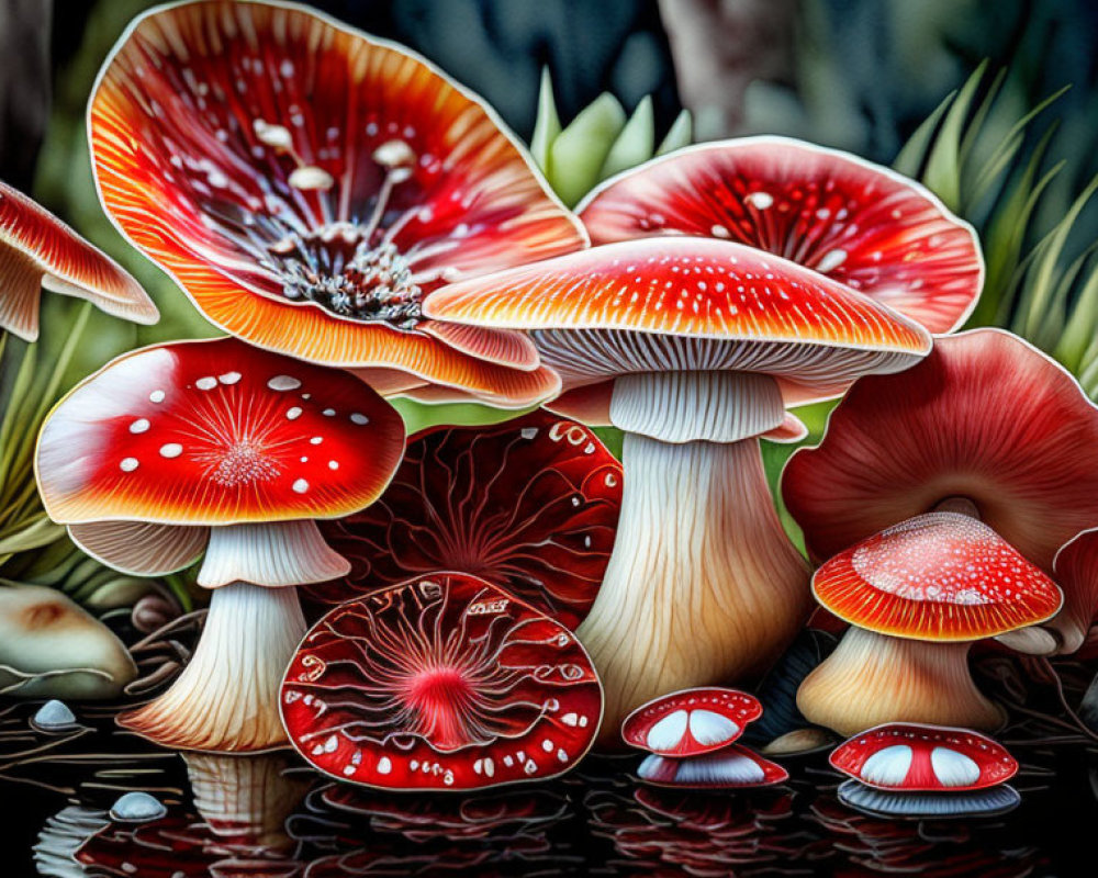 Detailed forest scene with diverse red-capped mushrooms surrounded by green foliage