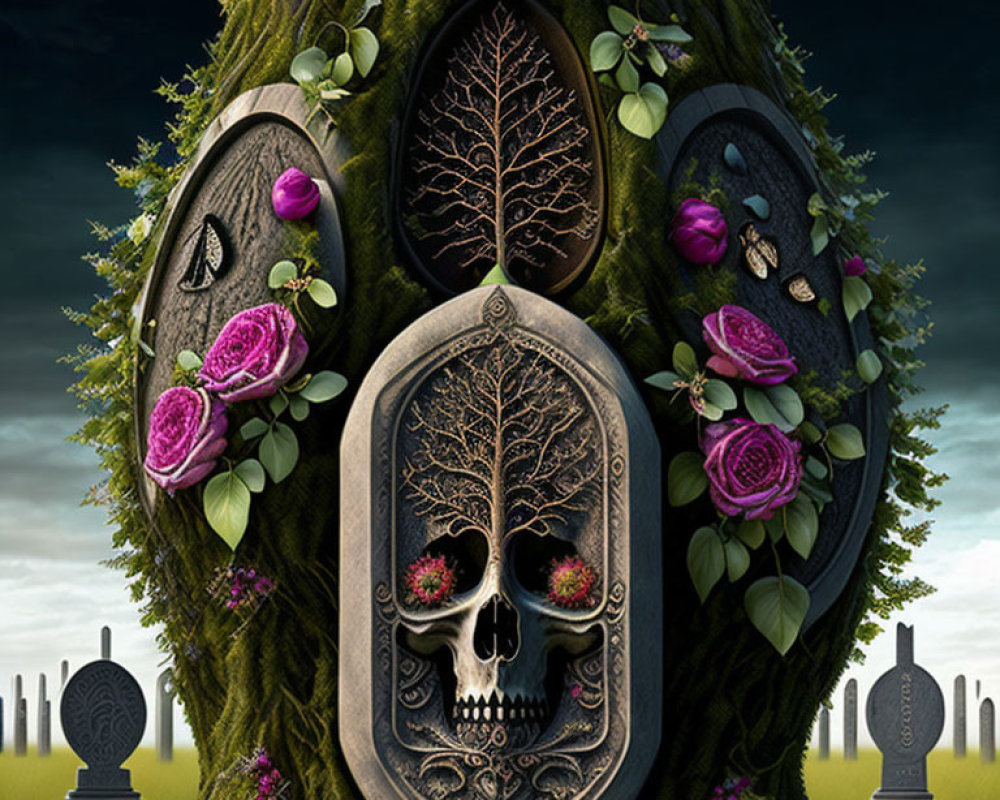 Stylized tree with skull, roses, and symbolic items on graveyard backdrop