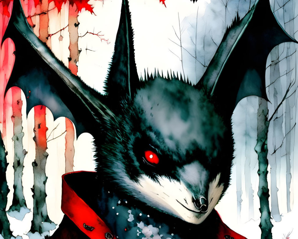 Dark stylized bat with red eyes in snowy forest setting