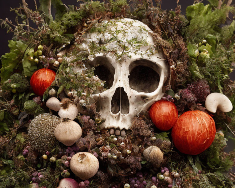 Skull surrounded by moss, mushrooms, berries, and pumpkins.