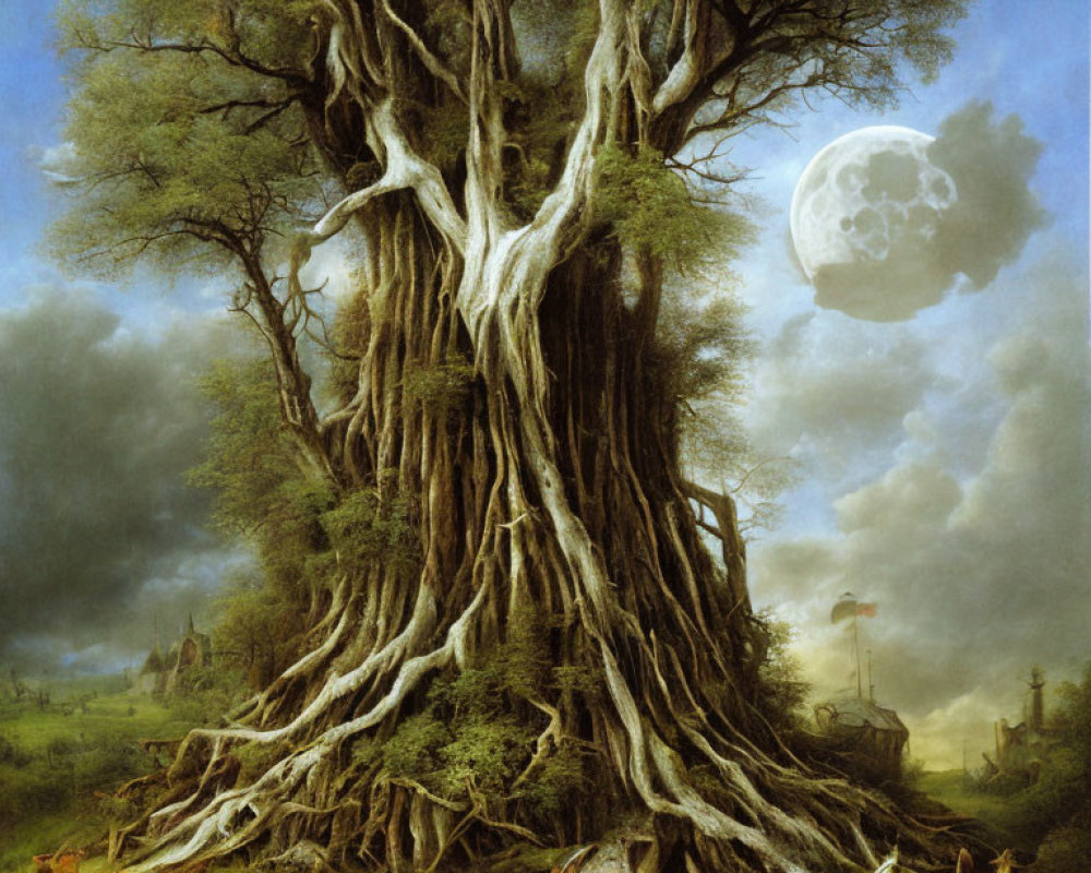 Majestic moonlit landscape with gnarled tree, figures, and animals