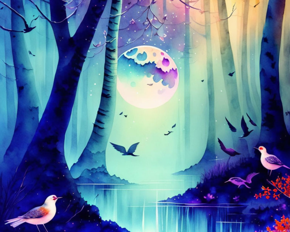 Colorful Forest Scene with Crescent Moon, Birds, and Tranquil Pond