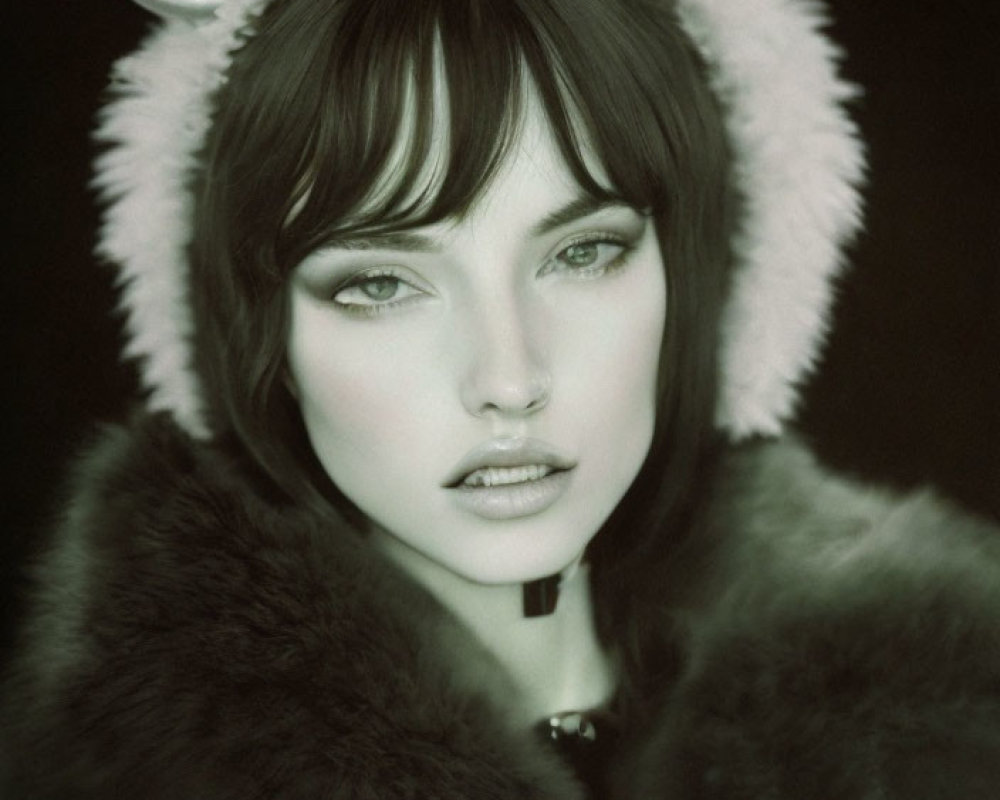 Mystical figure with green eyes in fur headdress and cloak