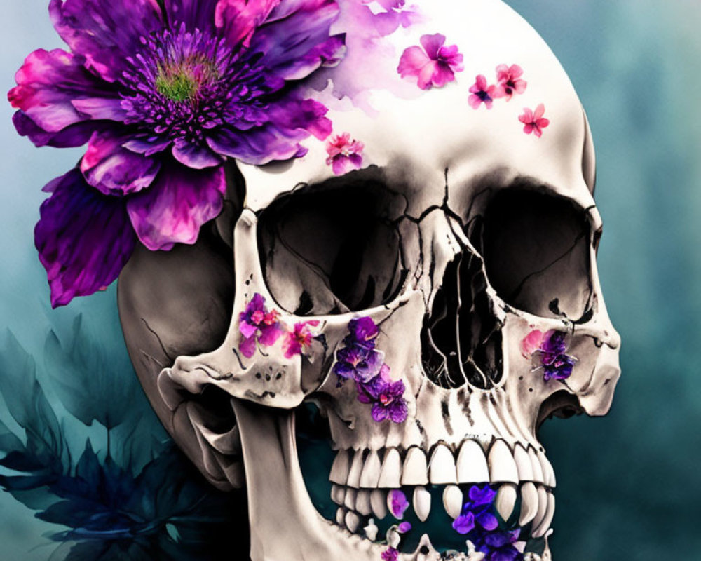 Skull with purple and pink flowers on blue background symbolizing life and death blend