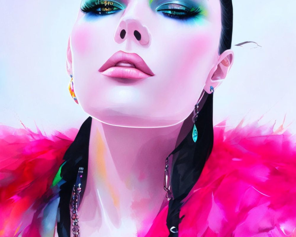 Colorful digital artwork featuring woman with vibrant makeup and hot pink feathered collar