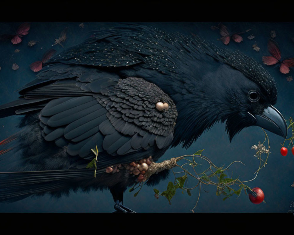 Detailed illustration: Black raven with textured feathers, holding branch with red berries, amidst autumn leaves.