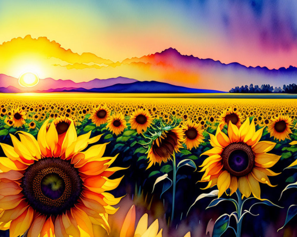 Colorful sunset over sunflower field with mountains