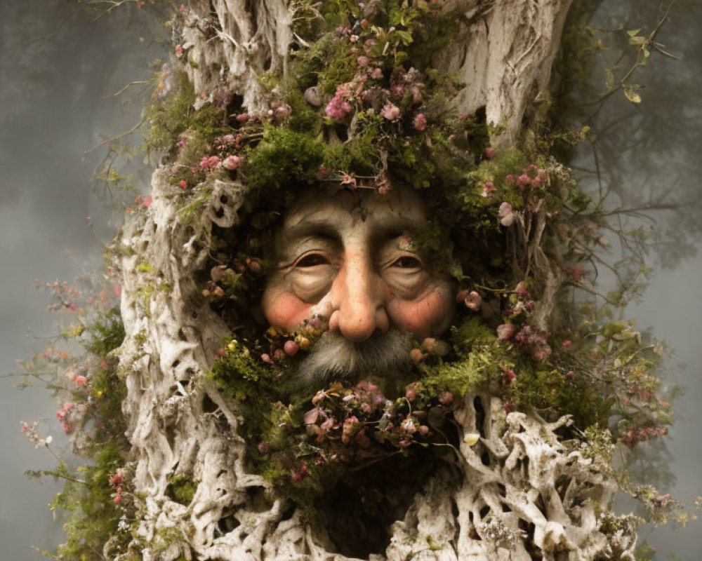 Intricate art: Wise, whimsical face in tree with eyes, nose, and lips.