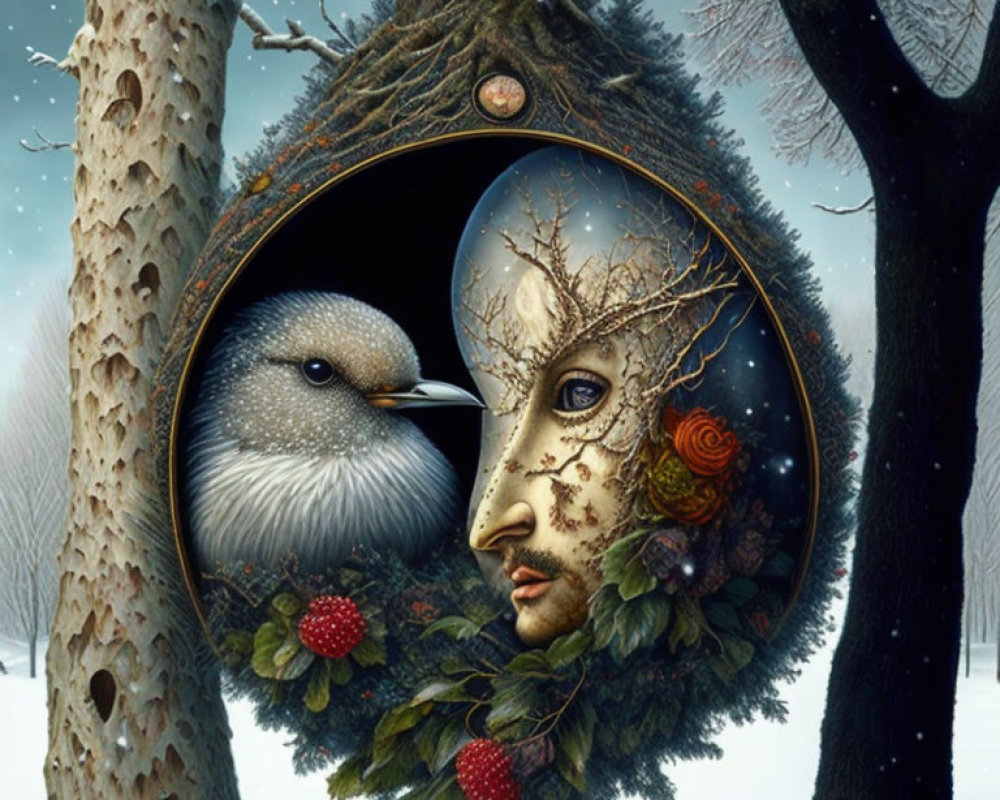 Surreal image: tree with bird and human face, floral elements, wintry background