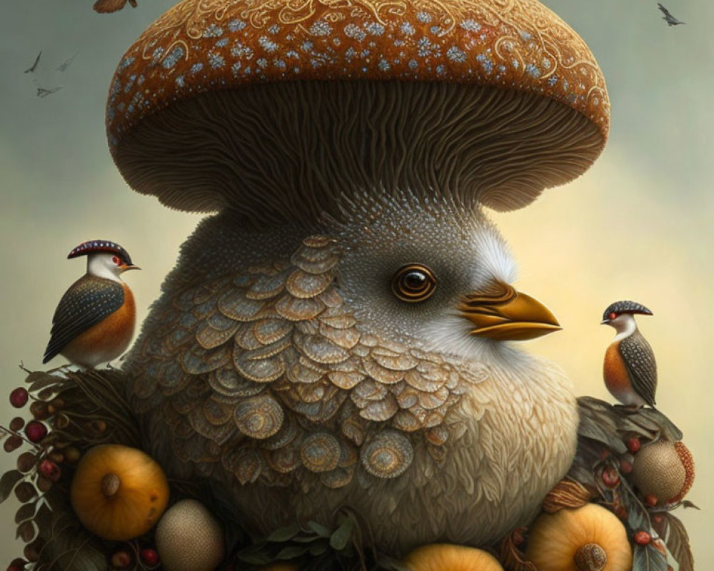 Bird with Mushroom Cap Head Surrounded by Fruit, Leaves, and Small Birds