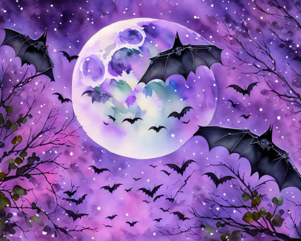 Full Moon Watercolor Illustration with Bat Silhouette and Night Sky