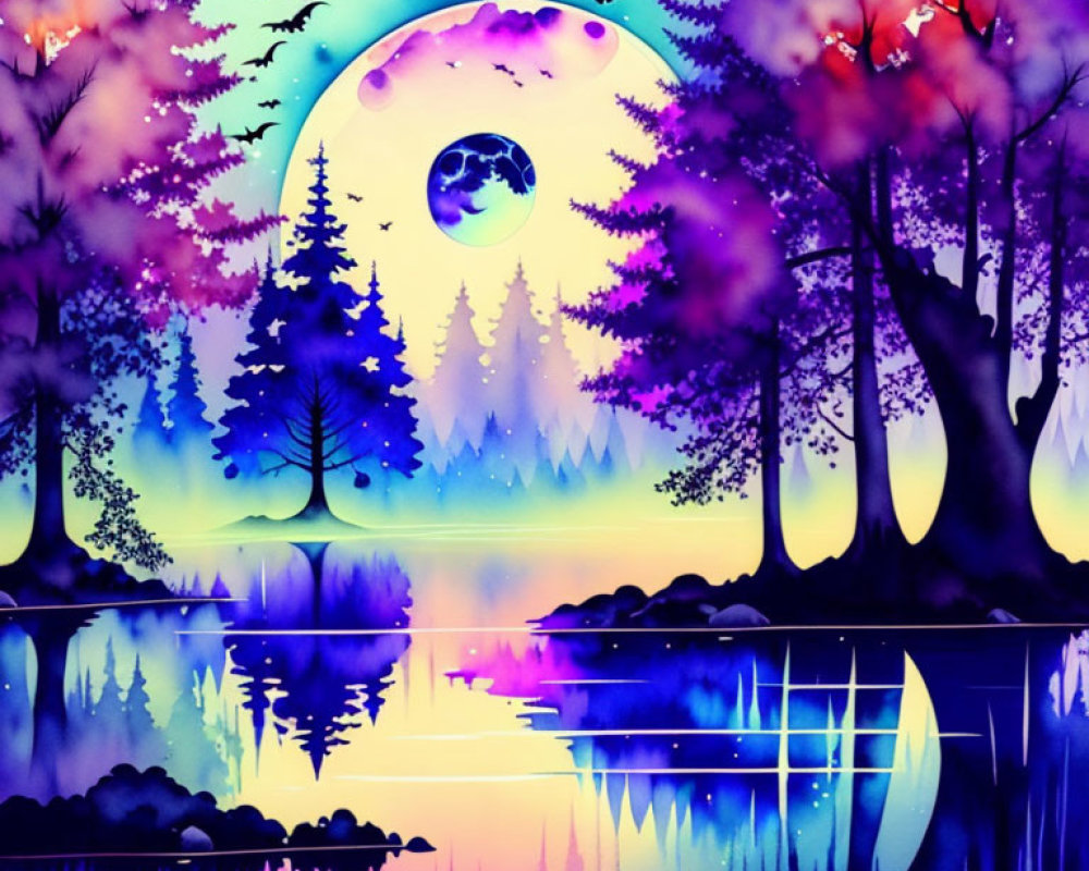 Colorful fantasy landscape with moon, trees, lake, and birds in purple-blue sky