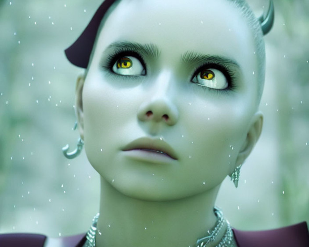 Female figure with green skin, horns, and yellow eyes in modern jewelry against misty green background.