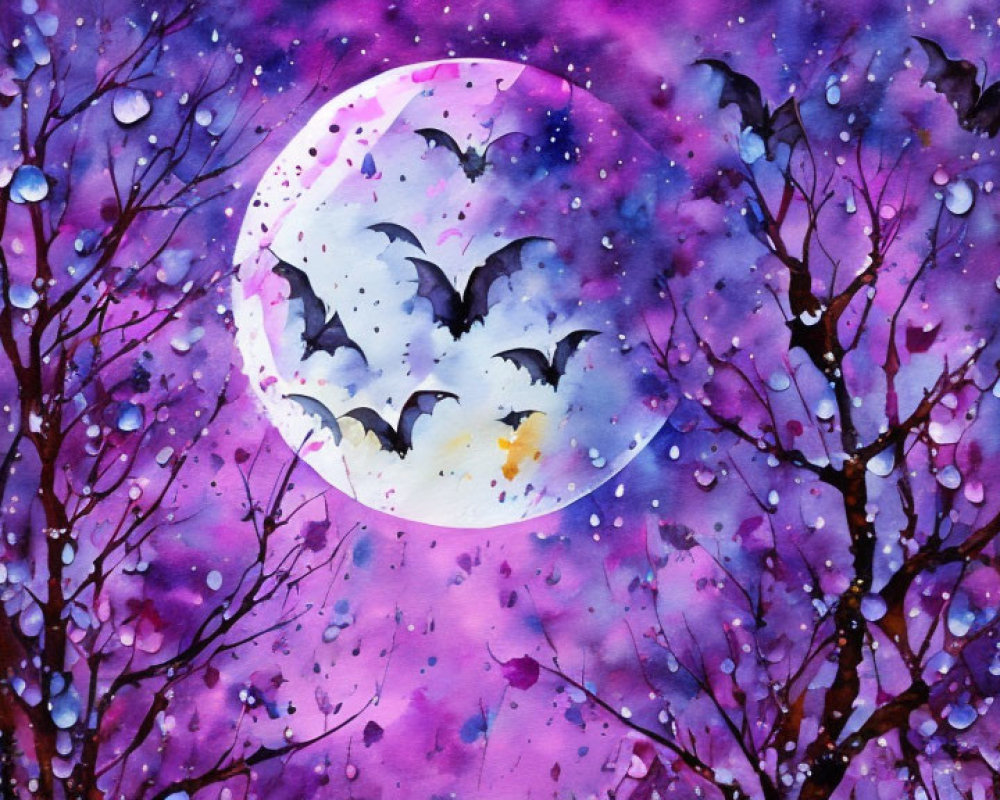 Purple Night Sky Watercolor Illustration with Full Moon, Bats, and Bare Trees