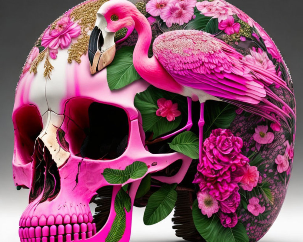 Colorful Human Skull Artwork with Flamingo, Flowers, and Foliage