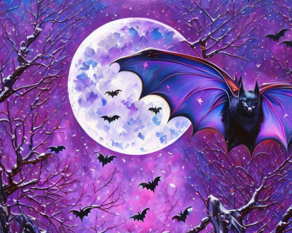 Fantasy art: Central bat with outspread wings under full moon in a vibrant scene