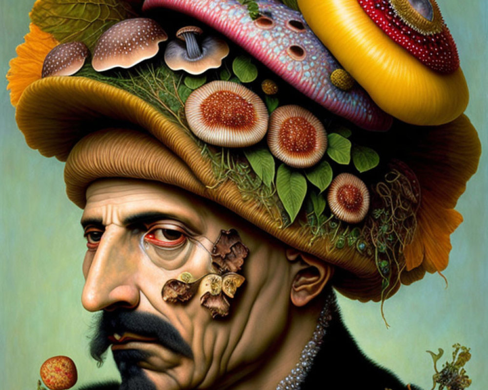 Surreal portrait of man with hat of mushrooms and leaves