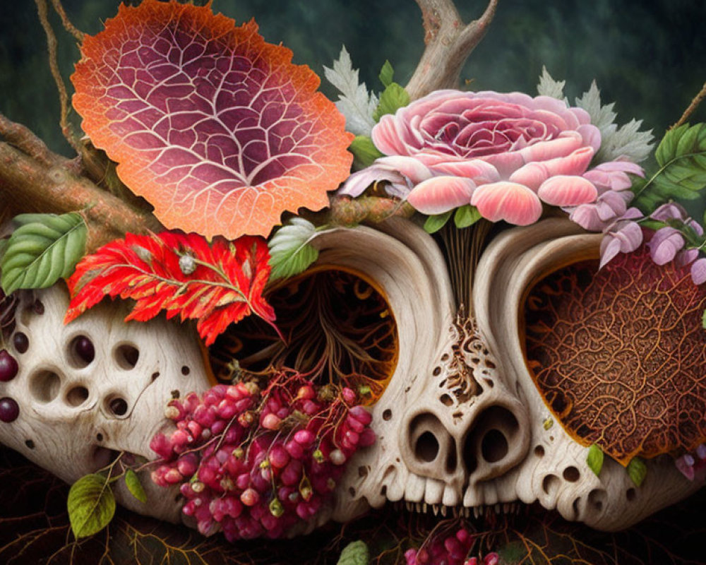 Skull with vibrant plants, flowers, and berries in digital art