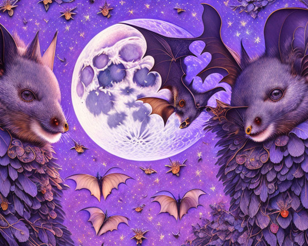 Fantasy Artwork: Purple Winged Creatures with Full Moon and Bats