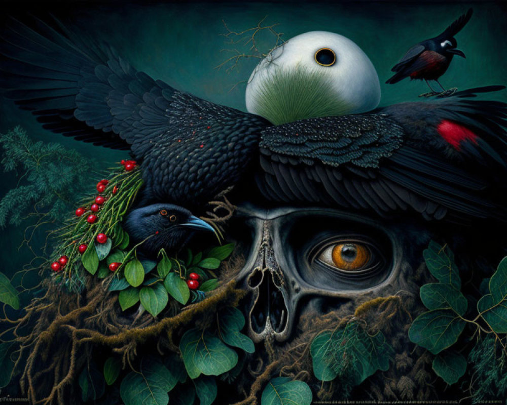 Surreal skull with human eye, birds, eye in egg, plants, roots in dark setting