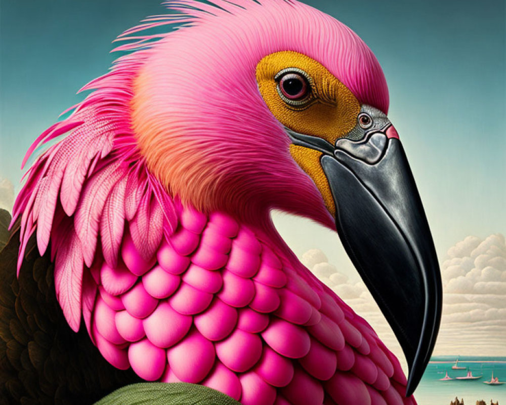 Colorful Pink Bird Illustration Against Blue Sky and Mountain Landscape