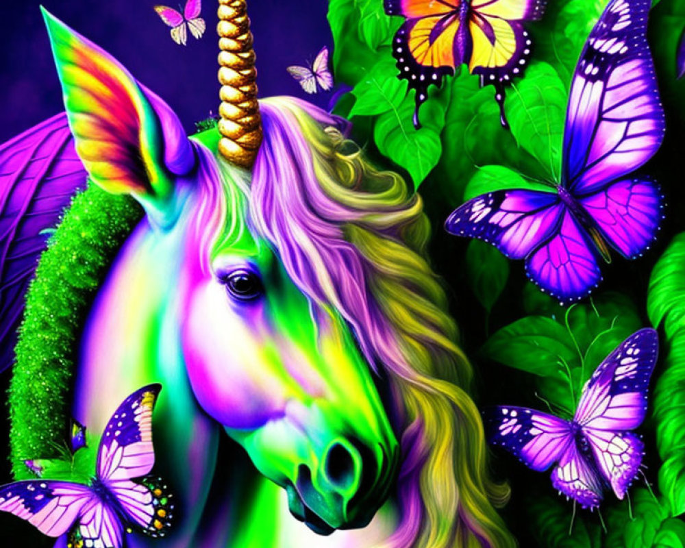 Colorful Unicorn with Golden Horn Surrounded by Butterflies in Nature