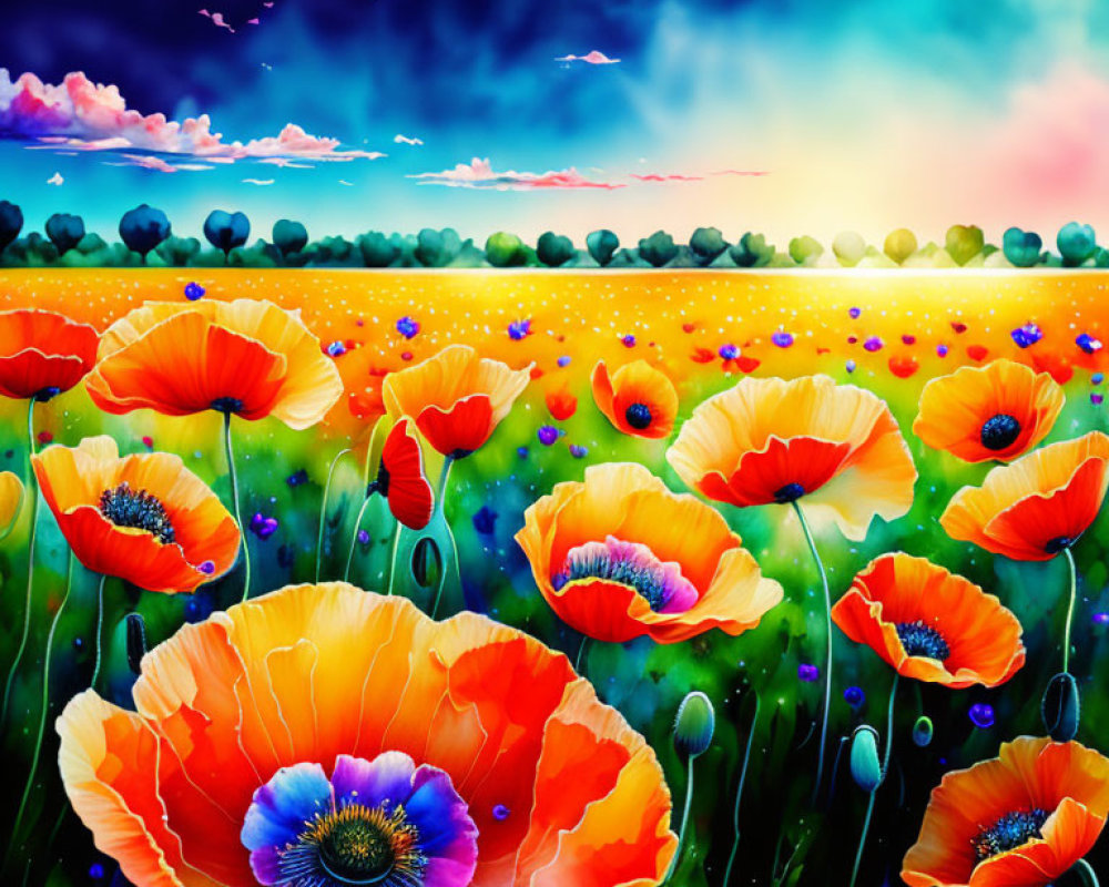 Colorful Sunset Sky Over Vibrant Red Poppy Field