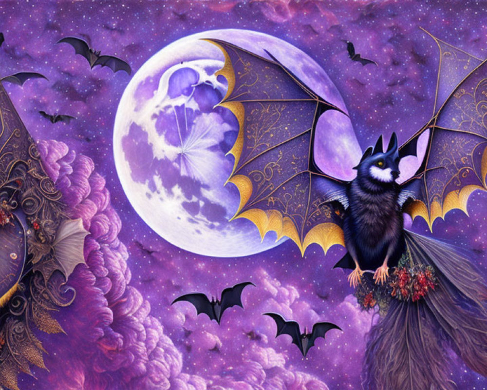 Whimsical bat illustration with full moon and colorful sky