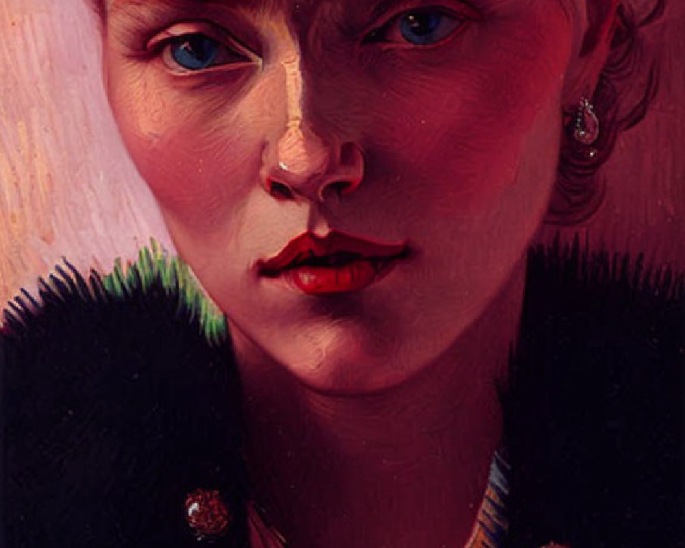 Portrait of Woman with Striking Blue Eyes and Pearl Earrings