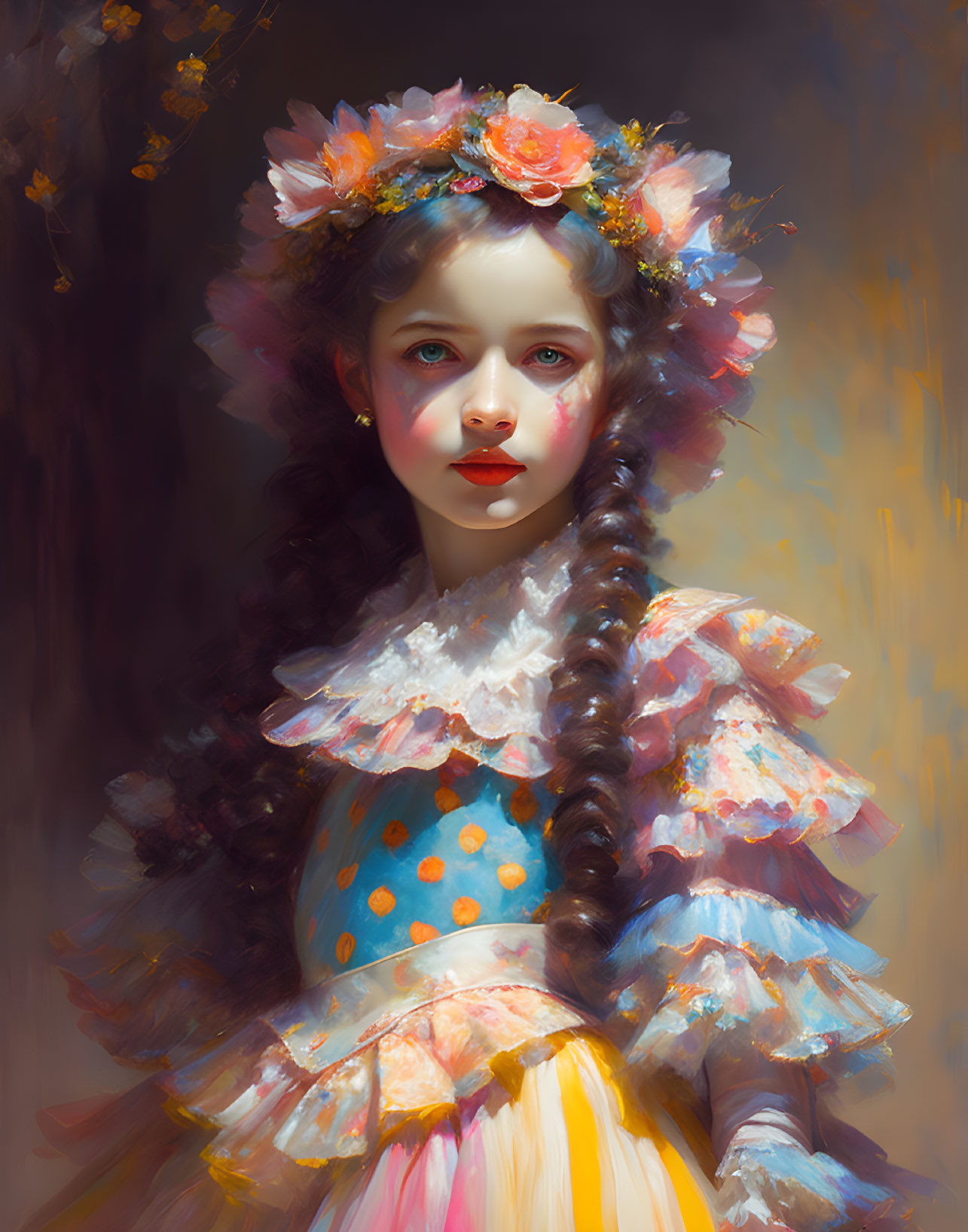 Young girl portrait in floral wreath, blue bodice, yellow skirt, against moody backdrop