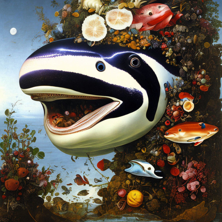 Orca-themed surreal artwork with marine life and fruits in a vivid undersea tableau.