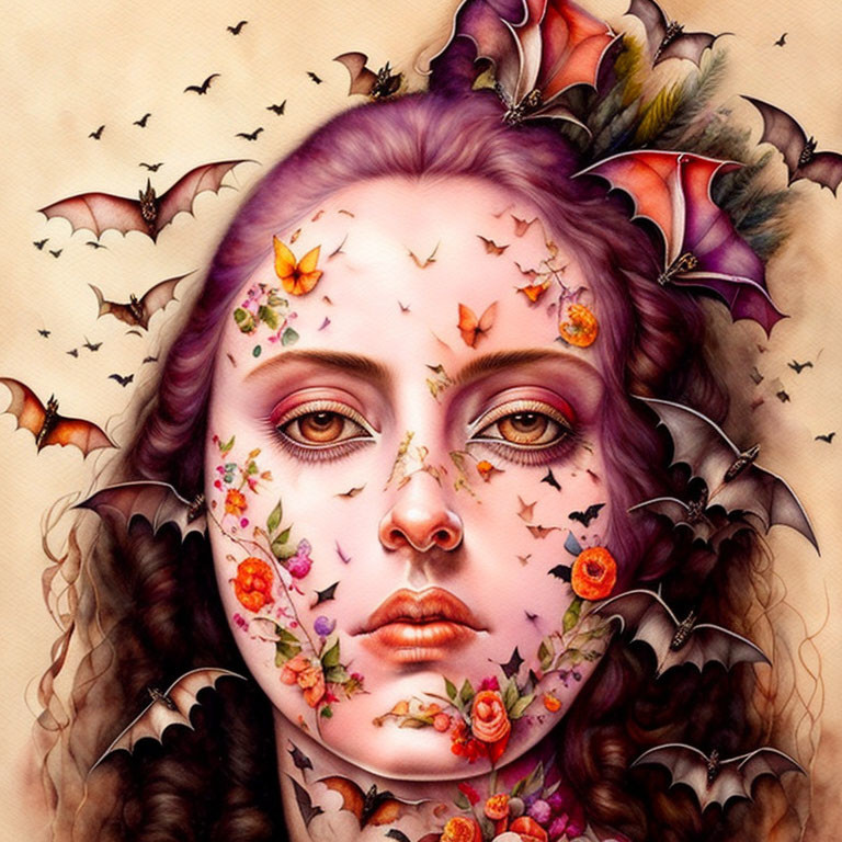 Artistic portrait of woman with half autumn foliage, flowers, berries, half pale complexion