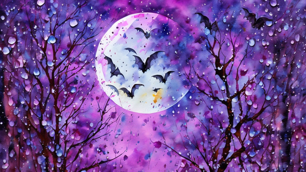 Purple Night Sky Watercolor Illustration with Full Moon, Bats, and Bare Trees