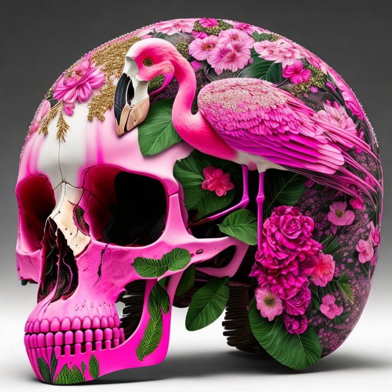 Colorful Human Skull Artwork with Flamingo, Flowers, and Foliage